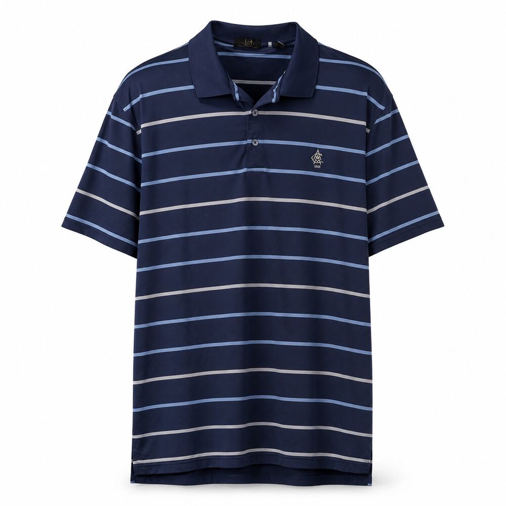 Atlanta Athletic Club men's golf polo navy, light blue, and white stripes, crest